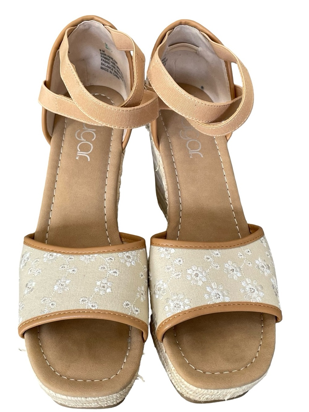Sugar Harlow Cream Floral Embroidered Wedge Sandals with Tan Trim - Picture 3 of 9
